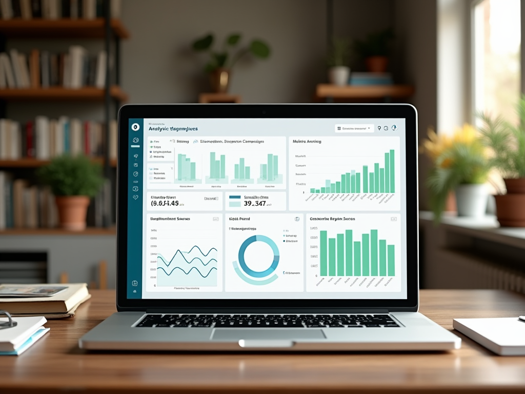 Ноутбук на столе отображает графики и аналитику. На заднем плане книжные полки и растения.