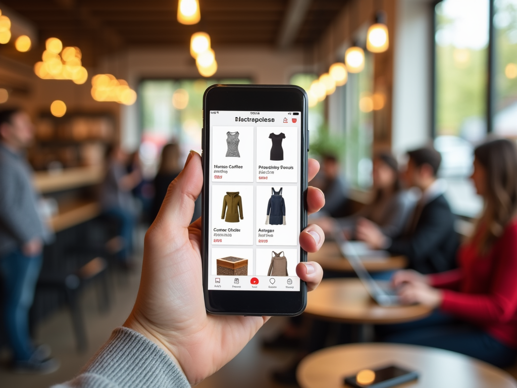 На изображении телефон, на экране которого показаны товары, в кафе с людьми на заднем плане.