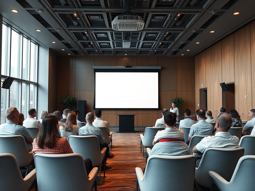 В помещении проходят презентация, слушатели сидят в аудитории и смотрят на экран.