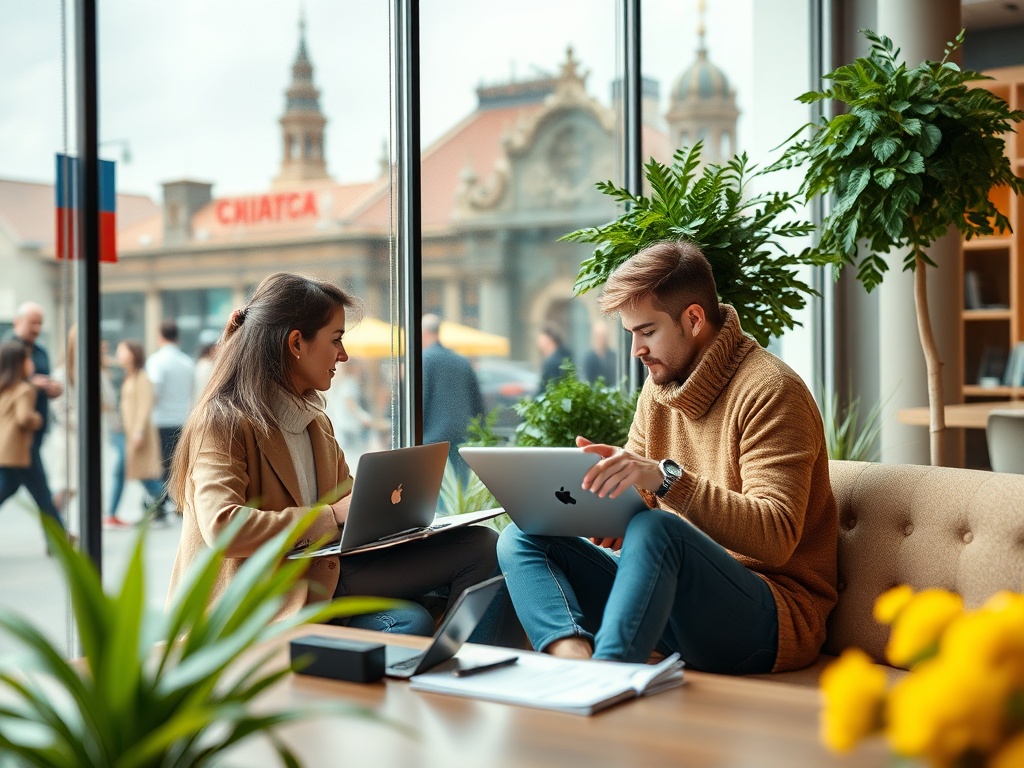 Два человека работают в уютном кафе, используя ноутбуки и наслаждаясь атмосферой. За окном виден город.