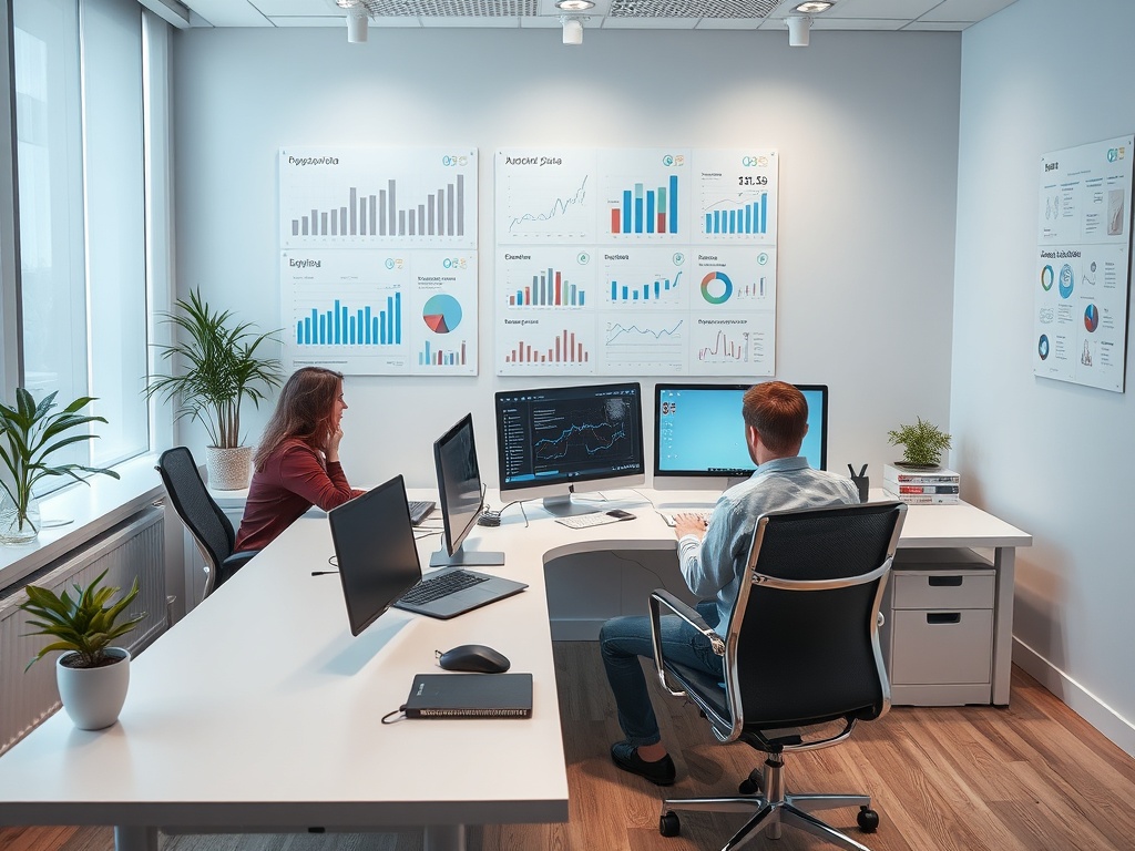 Офис с двумя сотрудниками, работающими за компьютерами, рядом с графиками и зелеными растениями.