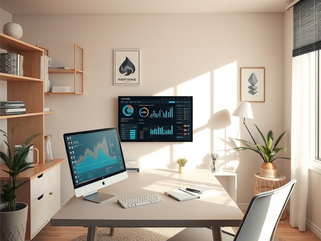 Современный офис с компьютером, графиками на стене и зелеными растениями на столе. Яркий и уютный интерьěr.