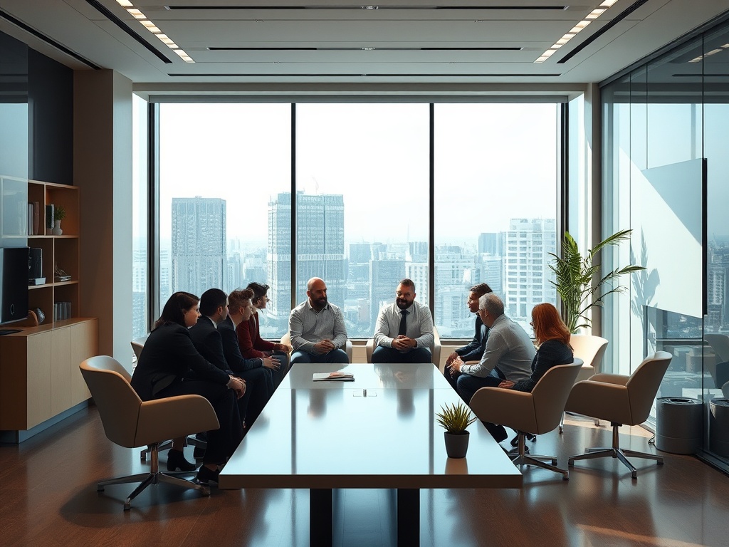 Группа из восьми людей обсуждает идеи в современном офисе с большими окнами и городским видом.
