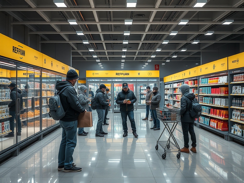 В магазине покупателей осматривают товары на полках. Яркое освещение и современный интерьер.