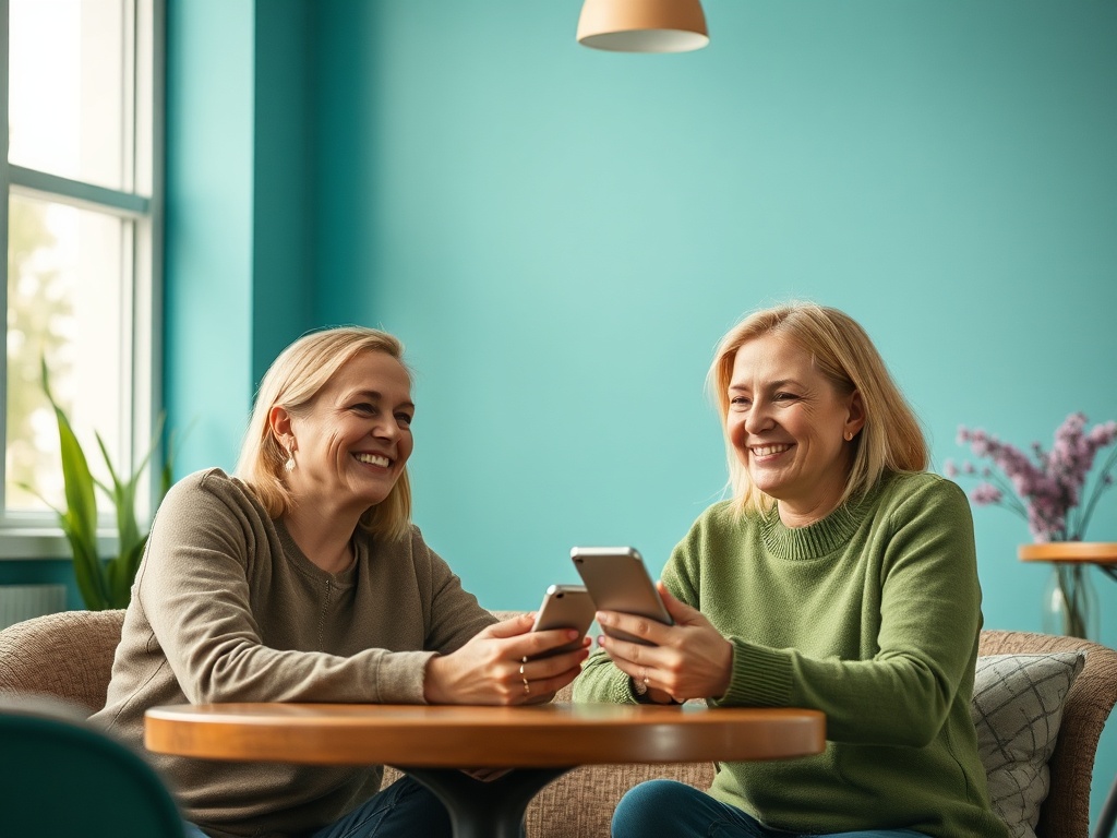 Две женщины сидят за столом, улыбаются и смотрят на свои смартфоны в уютной обстановке.