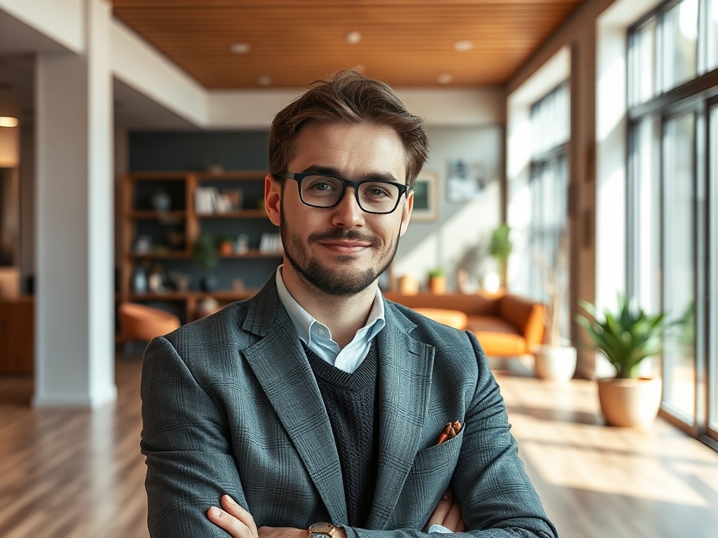 Молодой мужчина в деловом костюме стоит в офисе с улыбкой, на фоне больших окон и современного интерьера.